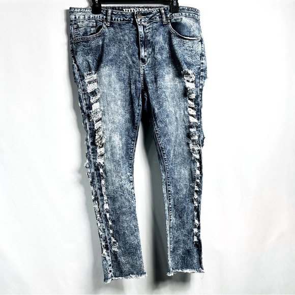 VIP Jeans Sz 17/18 Acid Wash Blue Denim Distressed Skinny Jeans w/ Side Cutouts - Picture 1 of 8